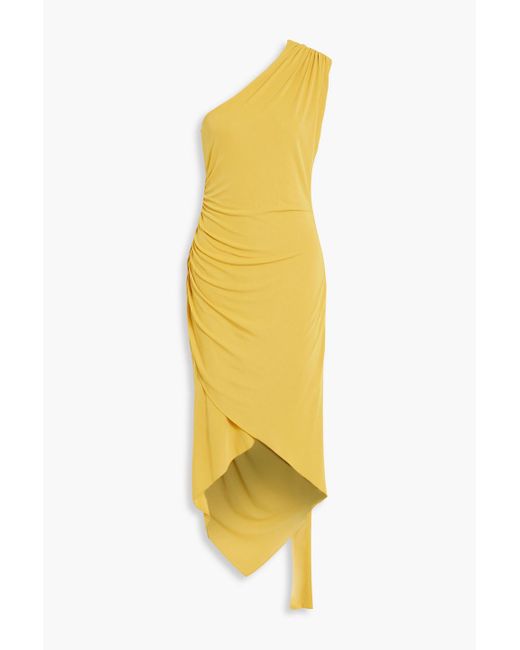 Halston Heritage Yellow Pia Asymmetric One-shoulder Draped Jersey Midi Dress