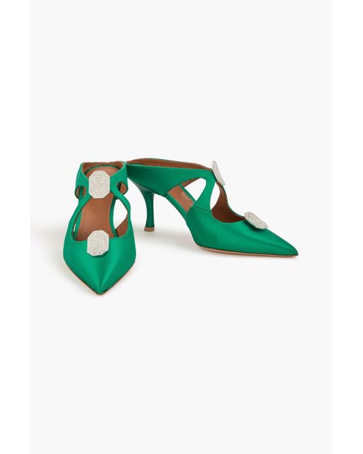 Malone Souliers Green Tina 70 Crystal-embellished Satin Mules