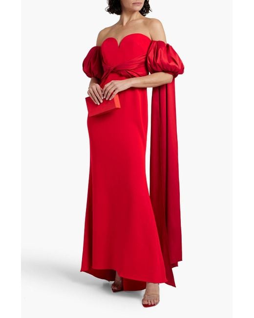 Badgley Mischka Red Schulterfreie robe aus ponte mit drapierung