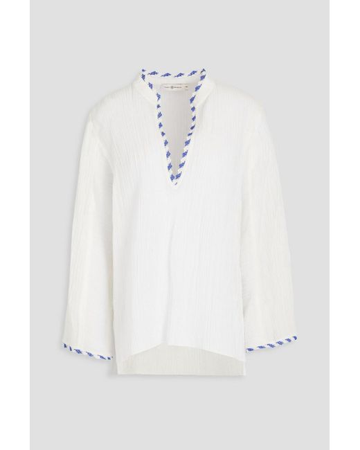 Tory Burch White Crocheted Lace-trimmed Ramie And Cotton-blend Gauze Top