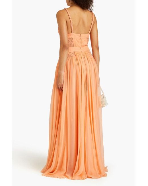 Zuhair Murad Orange Lace-trimmed Plissé Silk-chiffon Gown