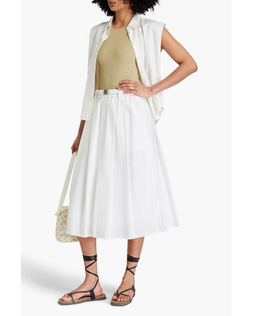 Brunello Cucinelli White Midirock aus popeline aus einer baumwollmischung mit falten
