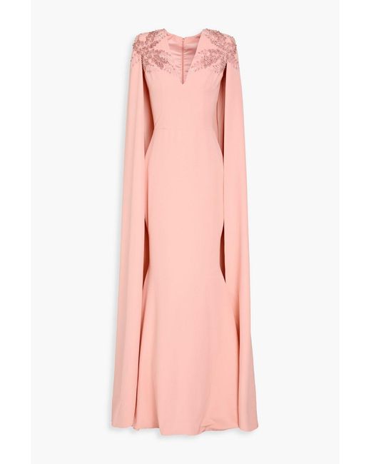 Rhea Costa Pink Dalia Embellished Cape-effect Twill Gown