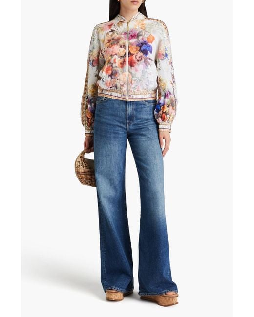 Camilla White Embellished Floral-print Linen Bomber Jacket