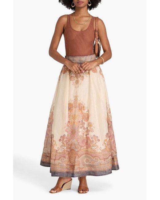 Zimmermann Natural Printed Linen And Silk-blend Organza Midi Skirt