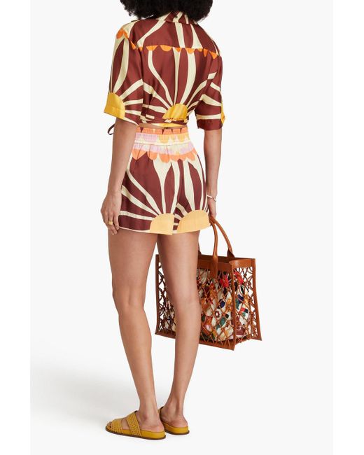 Sandro Brown Cropped Printed Silk-Till Wrap Blouse