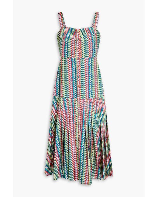 Saloni White Karen Pleated Satin-Jacquard Midi Dress