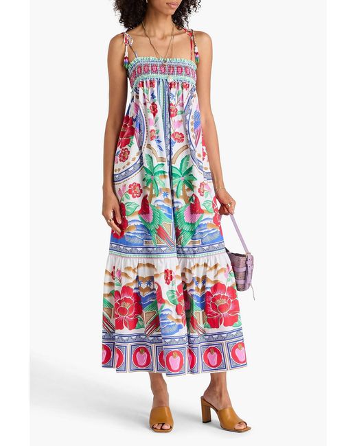 Farm Rio White Bead-embellished Printed Cotton-poplin Midi Dress