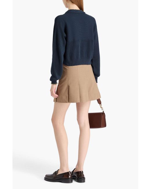 Brunello Cucinelli Blue Cropped Bead-embellished Ribbed Cotton Cardigan