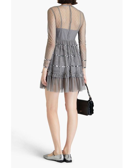 RED Valentino Gray Ruffled Embellished Point D'esprit Mini Dress