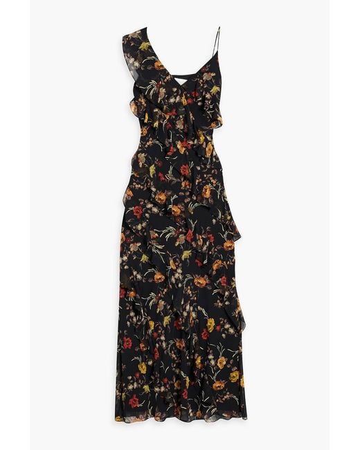 Mikael Aghal Black Ruffled Floral-print Chiffon Maxi Dress