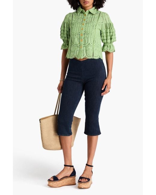Farm Rio Green Pintucked Broderie Anglaise Cotton Shirt