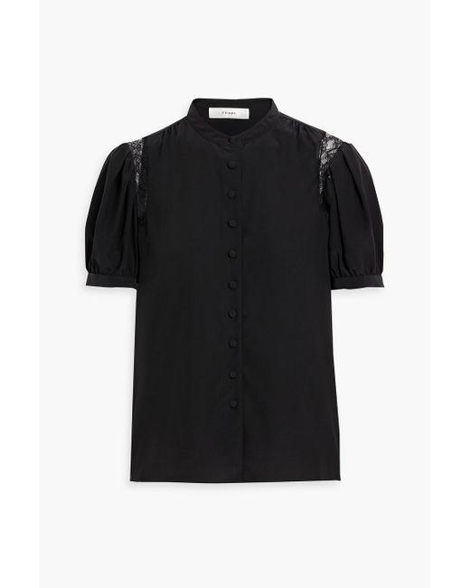 FRAME Black Lace-Trimmed Silk Crepe De Chine Blouse