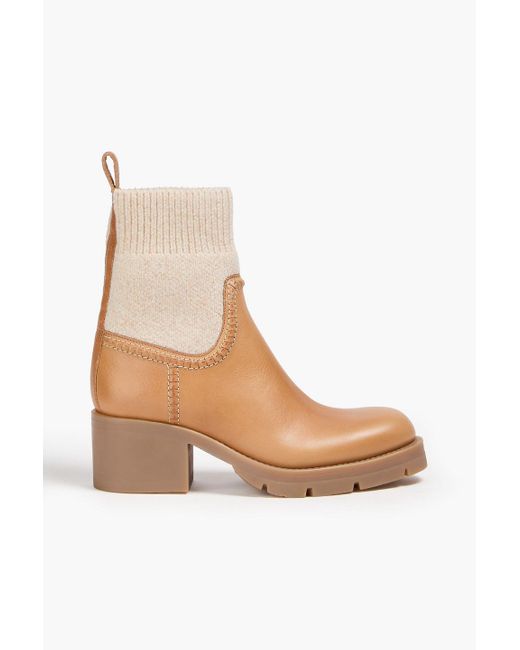 Chloé Natural Neva Leather And Ribbed-knit Ankle Boots