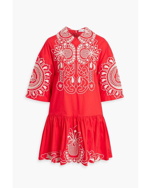 RED Valentino Red Gathe Embroide Cotton-poplin Mini Dress