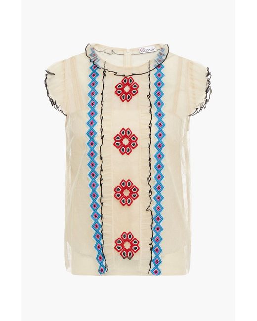 RED Valentino White Embroidered Ruffled Point D'esprit Top