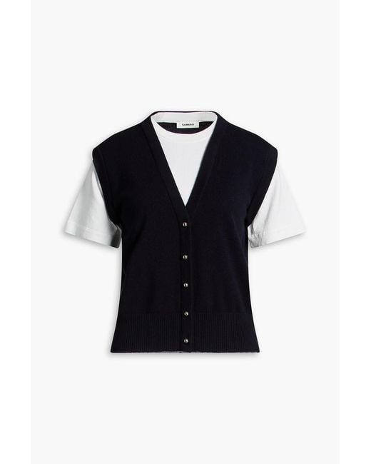 Sandro Blue Jersey-Paneled Wool And Cashmere-Blend Cardigan