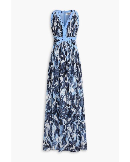 Diane von Furstenberg Blue Levada Printed Plissé-Georgette Maxi Dress