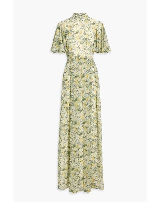 Mikael Aghal White Pleated Floral-print Chiffon Maxi Dress