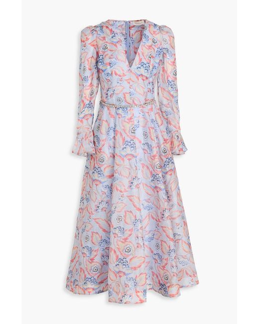 Zimmermann Blue Floral-Print Linen And Silk-Blend Organza Midi Dress