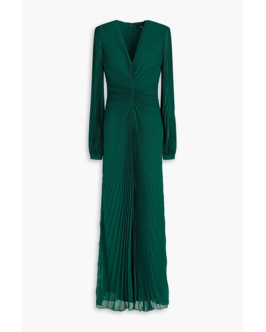 Badgley Mischka Green Plissé-georgette Gown