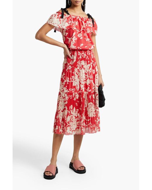 RED Valentino Red Cold-shoulder Pleated Perforated Floral-print Jersey Midi Dress