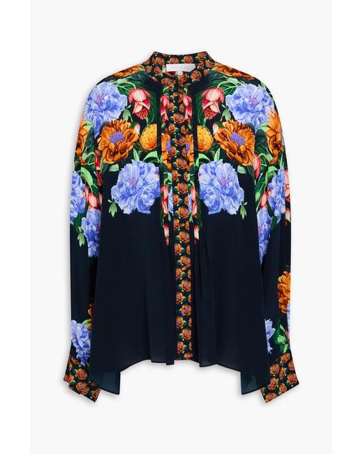 Borgo De Nor Blue Inara Floral-print Satin-crepe Shirt