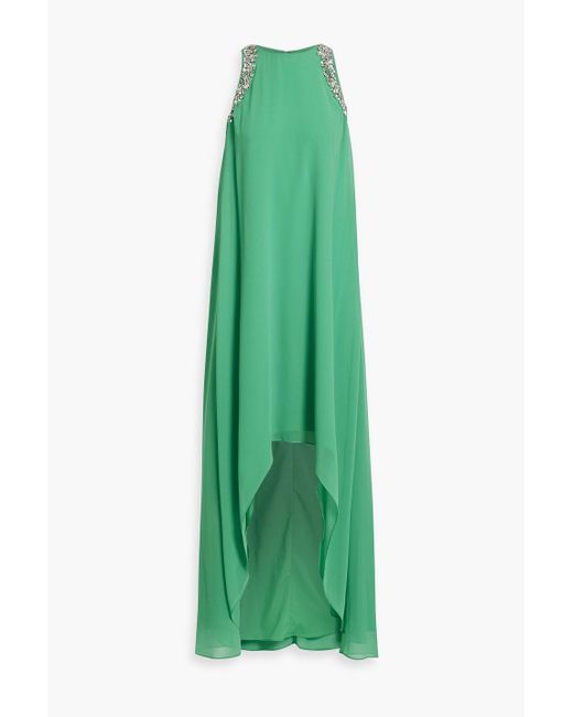 Badgley Mischka Green Asymmetric Crystal-embellished Chiffon Maxi Dress