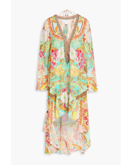 Camilla White Asymmetric Crystal-Embellished Printed Silk Crepe De Chine Maxi Dress