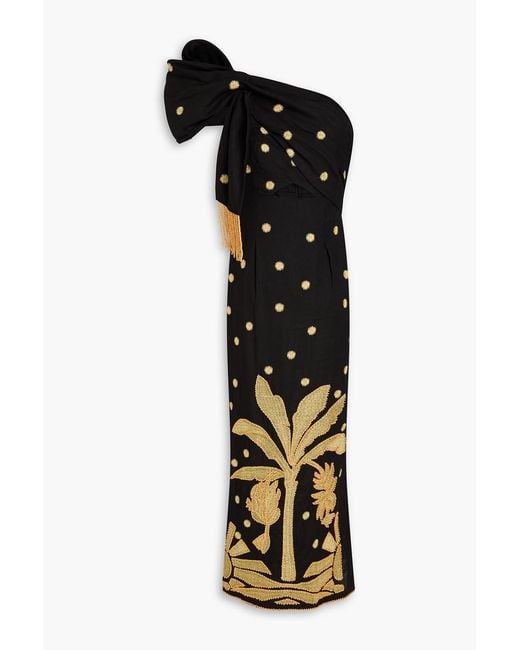 Farm Rio Black One-Shoulder Embroidered Linen-Blend Midi Dress
