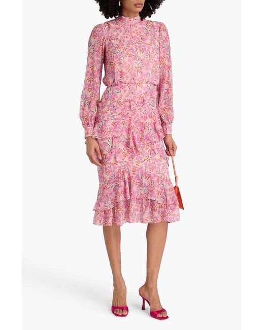 Saloni Pink Isa Ruffled Floral-Print Silk-Chiffon Midi Dress