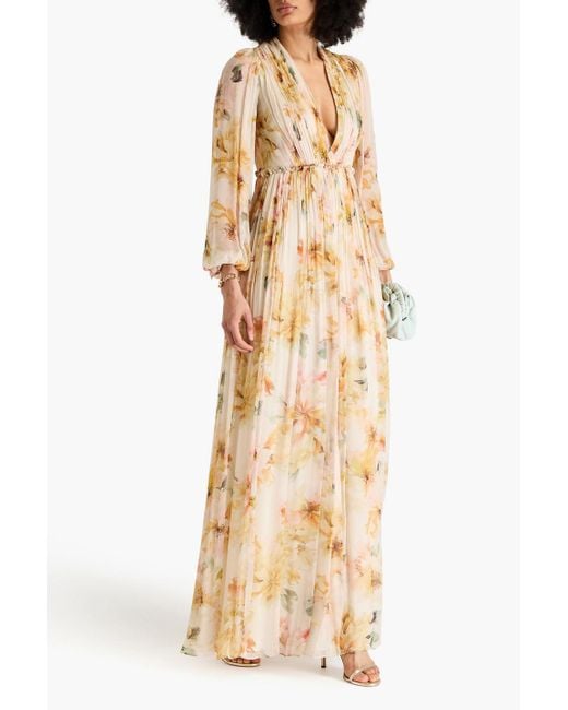 Costarellos Metallic Pleated Floral-print Crepon Gown
