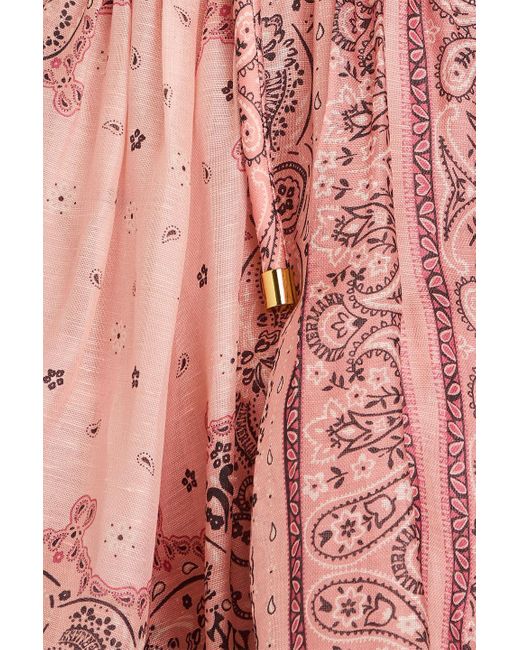 Zimmermann Pink Bow-detailed Paisley-print Linen And Silk-blend Mini Dress