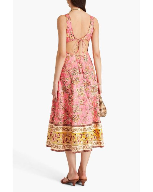 Zimmermann Pink Midikleid aus leinen mit floralem print und cut-outs