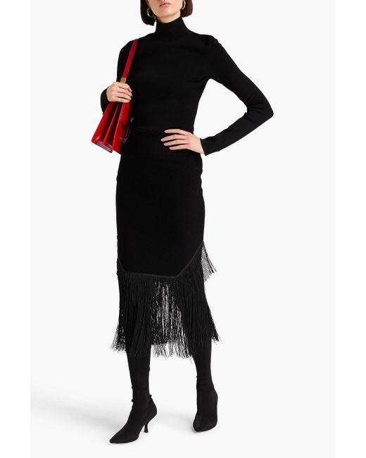 Victoria Beckham Black Fringed Jacquard-knit Midi Skirt
