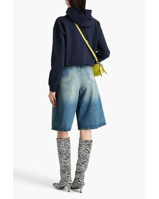 Ganni Blue Cropped French Cotton-terry Hoodie