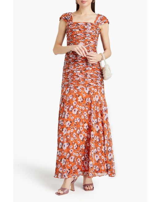 Mikael Aghal Red Ruched Floral-print Chiffon Maxi Dress