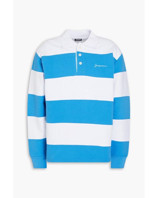 Jacquemus Blue Embroidered Striped French Cotton-terry Polo Shirt for men