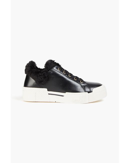 Love Moschino Black Faux Fur-trimmed Leather Sneakers