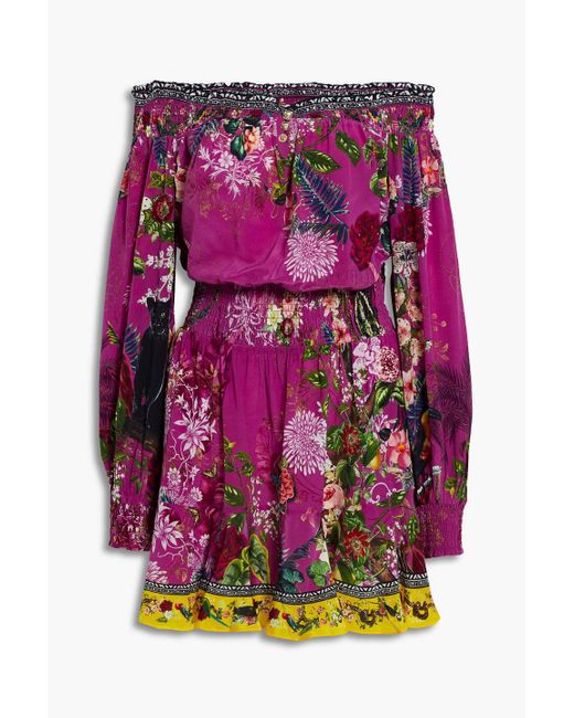 Camilla Multicolor Off-the-shoulder Printed Silk Crepe De Chine Mini Dress