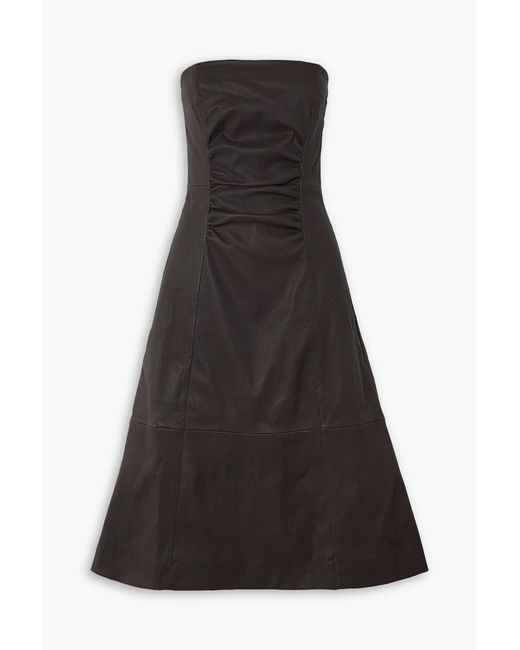 Staud Black Bowery Gathered Leather Midi Dress