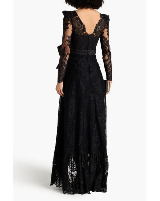 Zuhair Murad Black Bow-detailed Ruffled Cotton-blend Chantilly Lace Gown