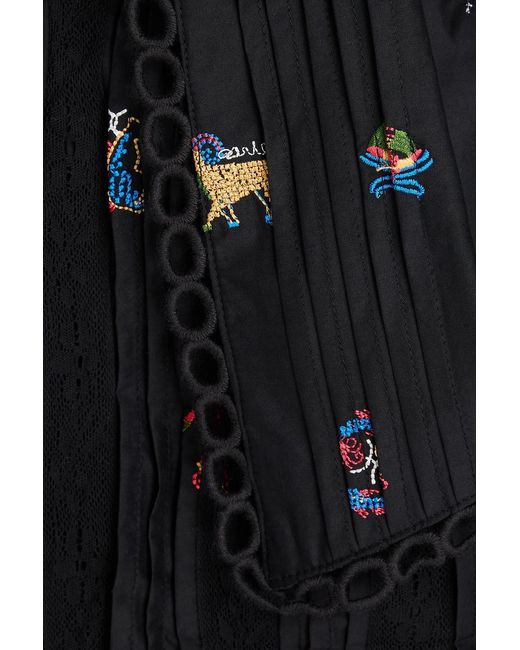 Farm Rio Black Cropped Embroidered Cotton Shirt
