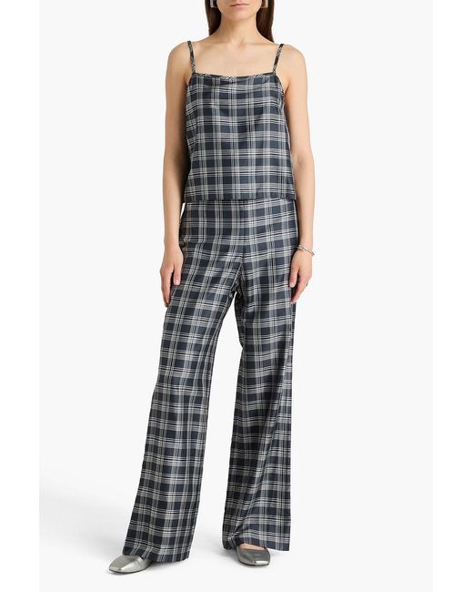 Theory Gray Checked Silk-twill Wide-leg Pants