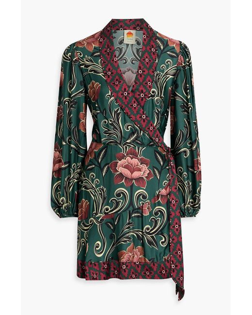 Farm Rio Green Bead-Embellished Floral-Print Crepe De Chine Mini Wrap Dress