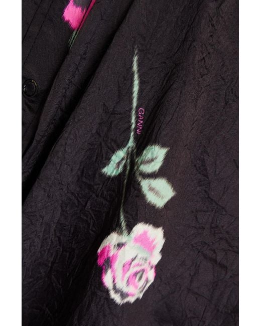 Ganni Black Floral-print Crinkled-satin Midi Dress