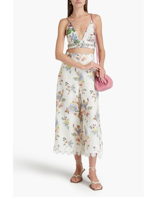 Zimmermann Blue Crystal-embellished Floral-print Linen And Silk-blend Bra Top