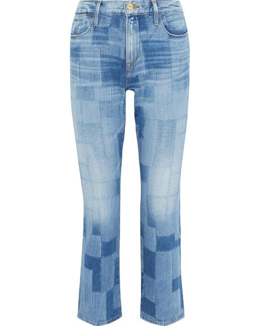 FRAME Blue Le High Straight Patchwork-effect Distressed High-rise Straight-leg Jeans