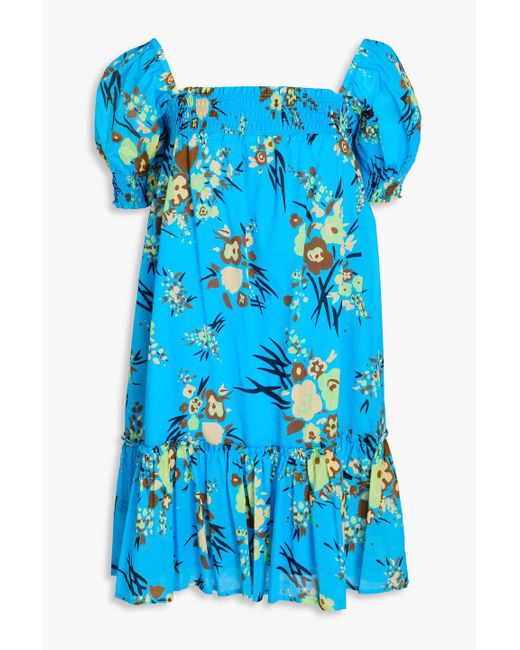 Tory Burch Blue Ruffled Floral-print Cotton-mousseline Mini Dress