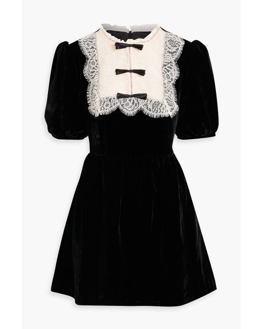 Saloni Black Cherie Lace-Trimmed Embellished Velvet Mini Dress